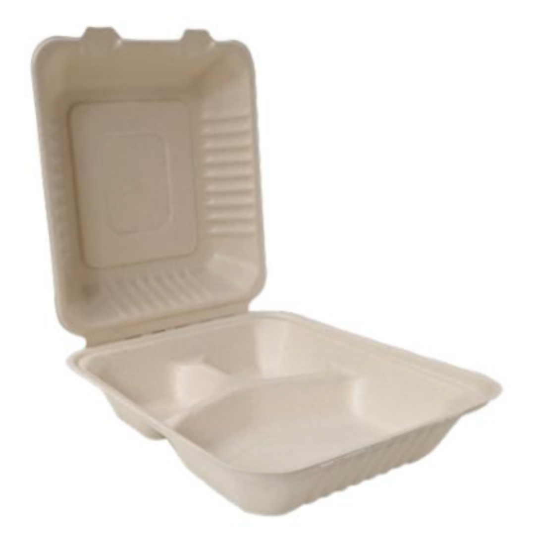 Compostable Natural Fiber 9 in x 9 in, 3 Compartment, Hinged Lid Conta ...